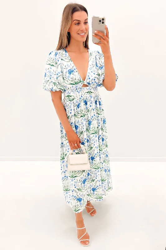 Sia Midi Dress White Floral Fashionable High-Neck Midi Dress