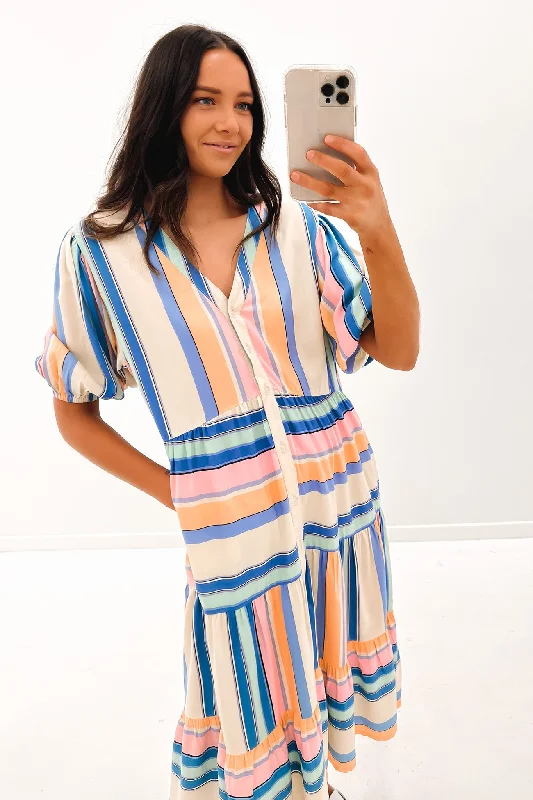 Sienna Midi Dress Pink Blue Stripe Fashionable Sheer Sleeve Midi Dress