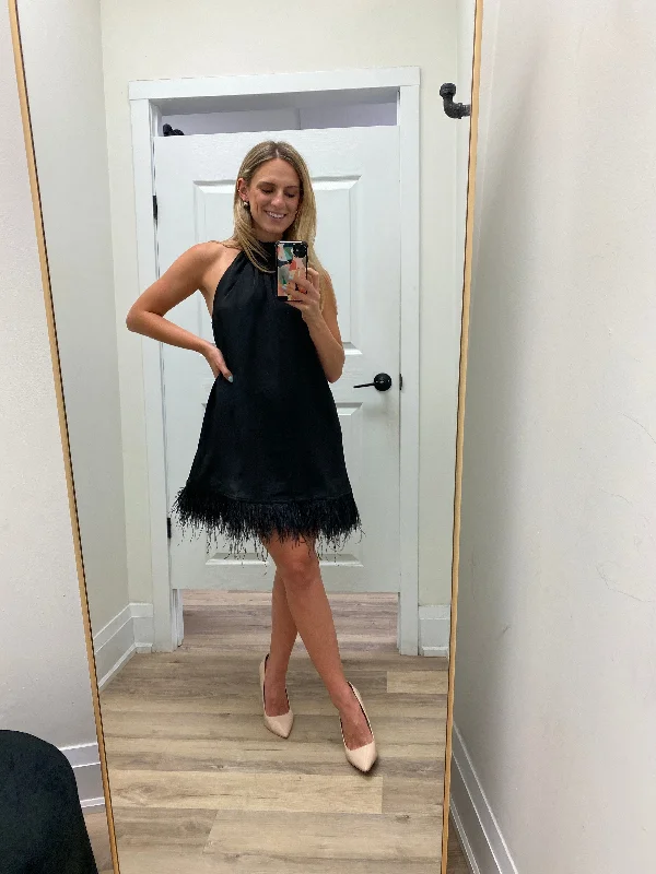 Simone Feather Mini Dress I Black Cozy A-Line Mini Dress