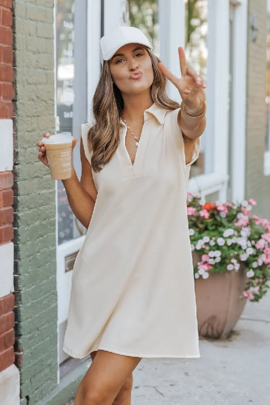 Sleeveless Cream Textured Mini Dress - FINAL SALE Comfortable Shift Mini Dress