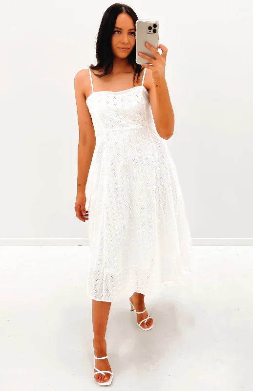 Sofia Embroidered Midi Dress White Stylish Tiered Midi Dress