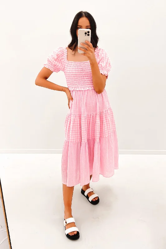 Spencer Midi Dress Pink Trendy Smocked Waist Midi Dress