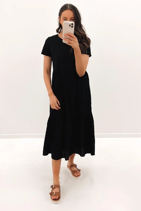 Stella Midi Dress Black Stylish Button-Up Midi Dress