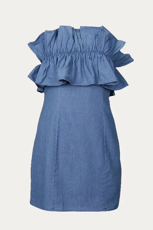 Strapless Ruffled Denim Mini Dress In Blue Comfortable Fit-and-Flare Mini Dress