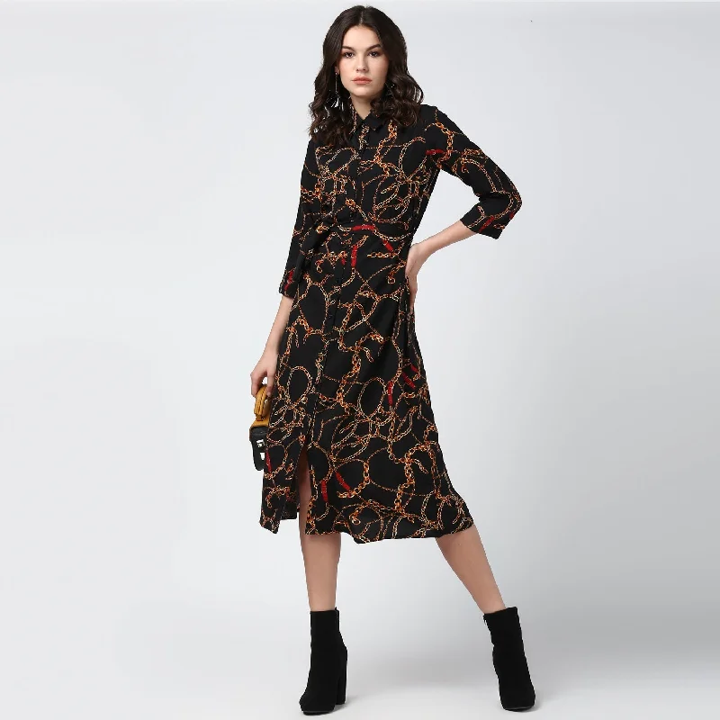 Women's Black and Yellow Chain Print Midi Dress - StyleStone Fashionable Pencil Midi Dress