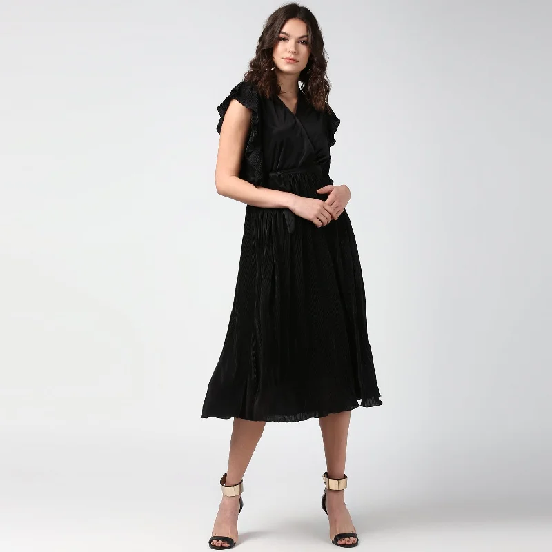 Women's Black Satin Pleating Evening Midi Dress - StyleStone Stylish Halter Neck Midi Dress