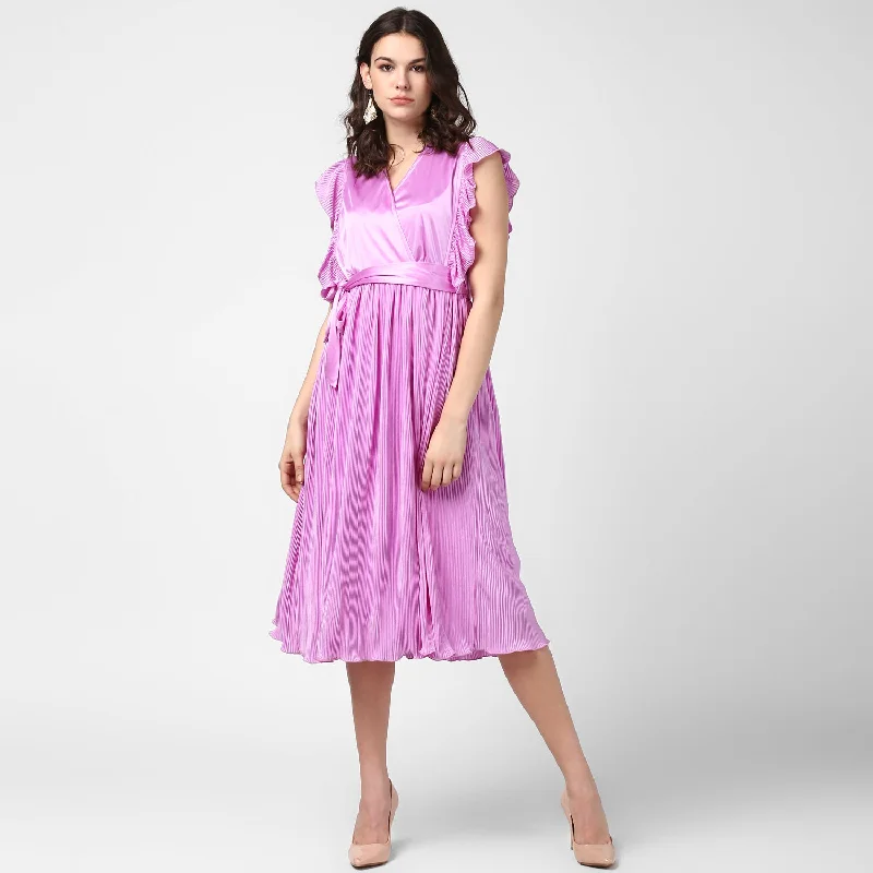 Women's Lavender Satin Pleating Evening Midi Dress - StyleStone Trendy Shift Midi Dress