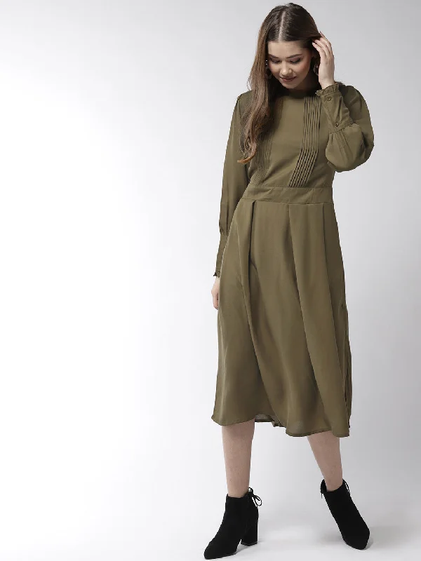 Women's Olive Polyester Moss pintuck and pleated Midi dress - StyleStone Elegant Floral Appliqué Midi Dress