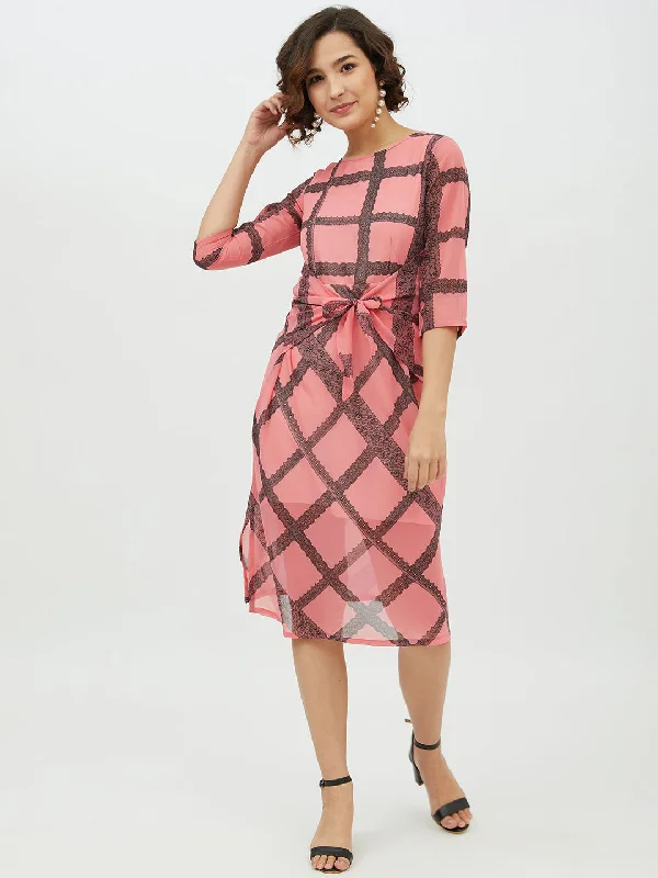 Women's Pink Check front Tie Knot Midi Dress - StyleStone Fashionable Chiffon Midi Dress
