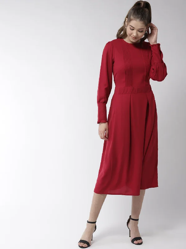 Women's Red Polyester Moss pintuck and pleated Midi dress - StyleStone Trendy Knit Midi Dress