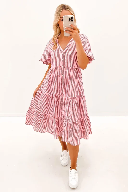 Summer Midi Dress Pink Stripe Fashionable Off-Shoulder Dress Midi