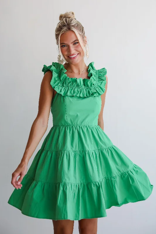 FINAL SALE - Sweet Existence Green Tiered Ruffle Mini Dress Comfortable Linen Mini Dress