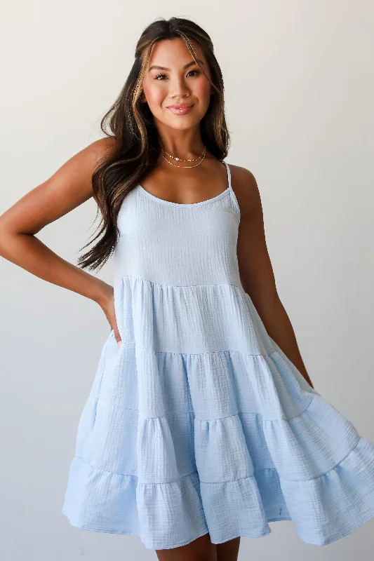 FINAL SALE - Sweetest Impact Light Blue Linen Tiered Mini Dress Cozy T-Shirt Mini Dress