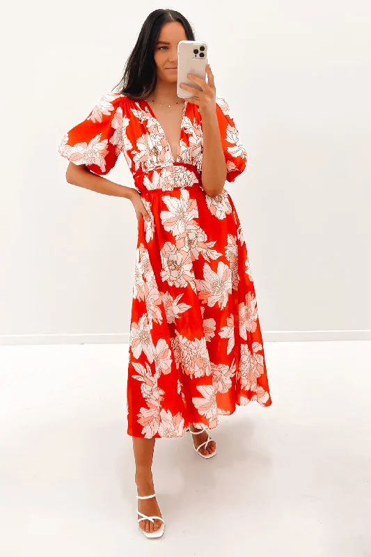 Tali Midi Dress Red Floral Stylish Silk Midi Dress