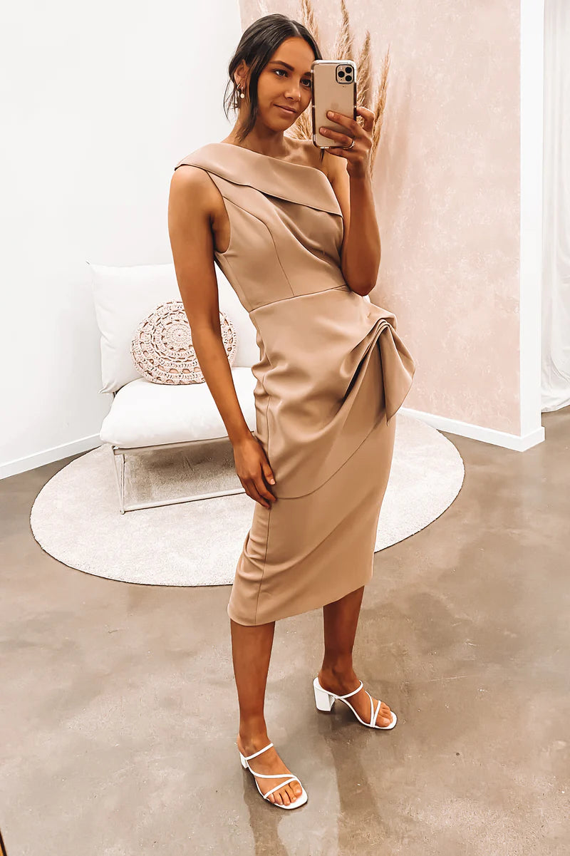 Thinking Out Loud Midi Dress Mocha Trendy Mock Neck Midi Dress