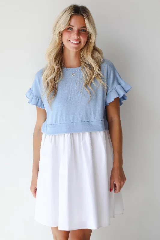 FINAL SALE - Thriving Sweetness Blue Contrast Mini Dress Chic Puff Sleeve Mini Dress