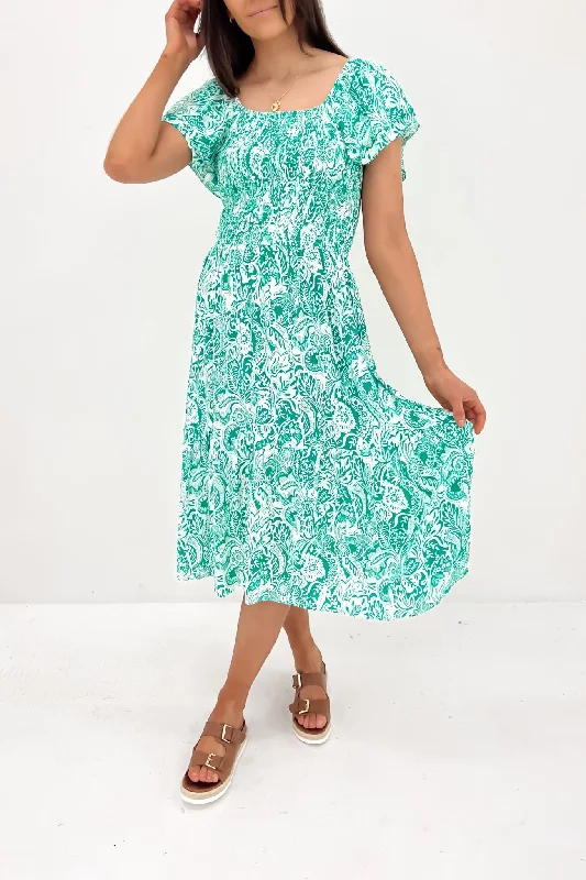 Tillee Midi Dress Green White Fashionable Off-Shoulder Dress Midi