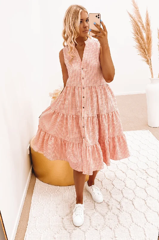 Tulley Midi Dress Pink Gingham Fashionable Fitted Midi Dress