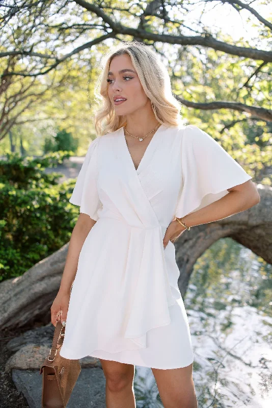 White Short Sleeve Wrapped Mini Dress - FINAL SALE Trendy Lace Mini Dress