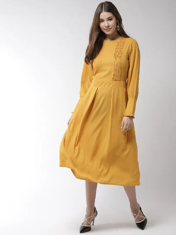 Women's Yellow Polyester Moss Pintuck And Pleated Midi Dress - Stylestone Comfortable Lace-Up Midi Dress