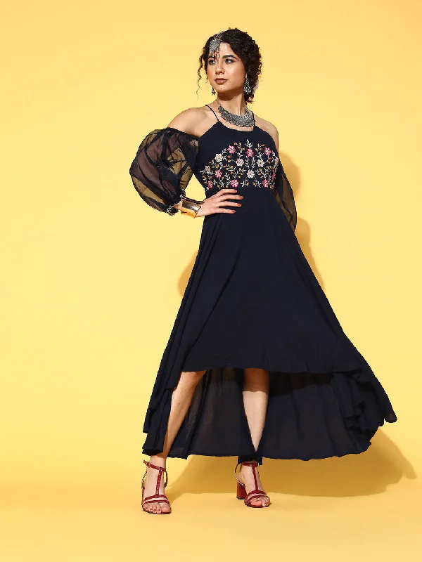 Women's Navy Blue Floral Embroidered Tie Up Neck A Line Midi Dress - Yufta Comfortable Ruched Midi Dress