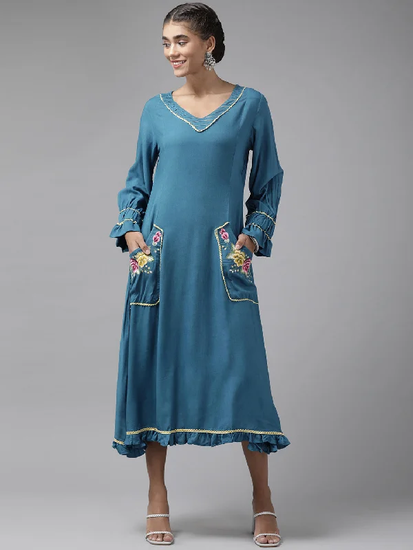 Women's Teal Blue Embroidered Detail Ethnic A Line Midi Dress - Yufta Chic Bohemian Midi Dress