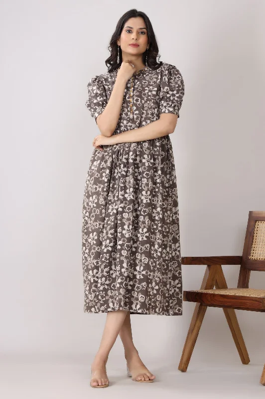 Women's Floral Print Puff Sleeve A-Line Midi Dress(Kashish) - Vasvi Comfortable Floral Print Midi Dress
