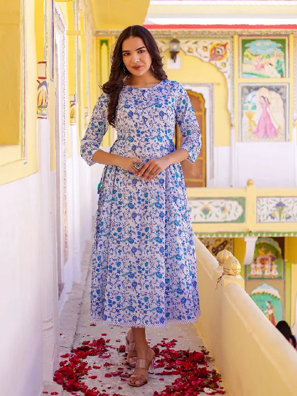 Women's Floral Print Fit & Flare Midi Dress(Blue) - Vasvi Trendy Knit Midi Dress