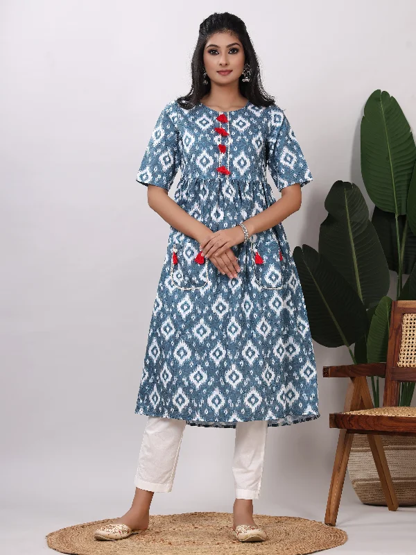 Women's Ethnic Motifs Print Tie-Up Neck A-Line Midi Dress(Sea Green) - Vasvi Cozy Tie-Dye Midi Dress