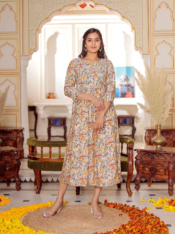Women's Party Wear Floral Printed A-Line Midi Dress Cotton Fit & Flare Midi Dress - Vasvi Comfortable Stretch Midi Dress