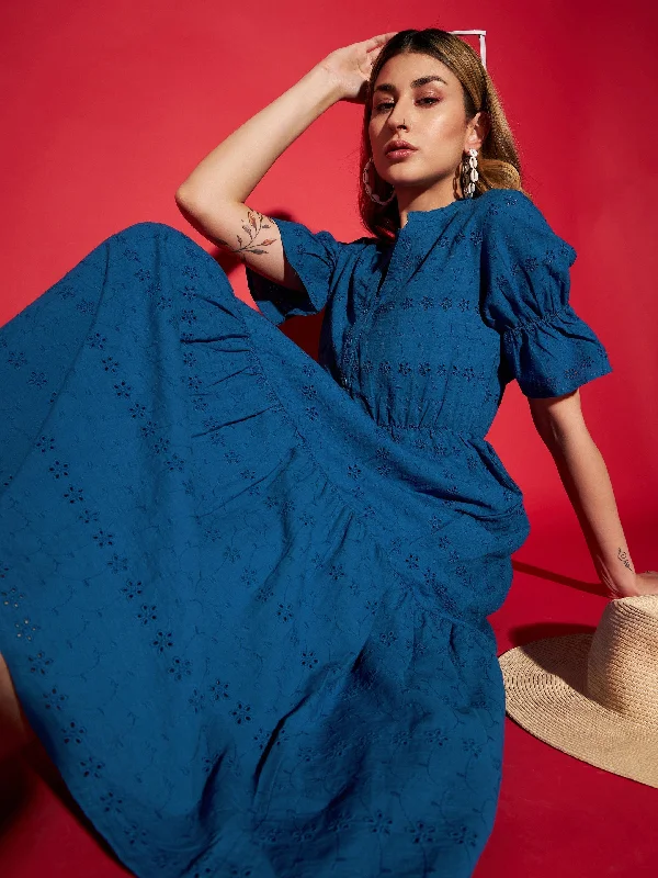 Women's Royal Blue Schiffli Tiered Midi Dress - SASSAFRAS Trendy Boho Midi Dress