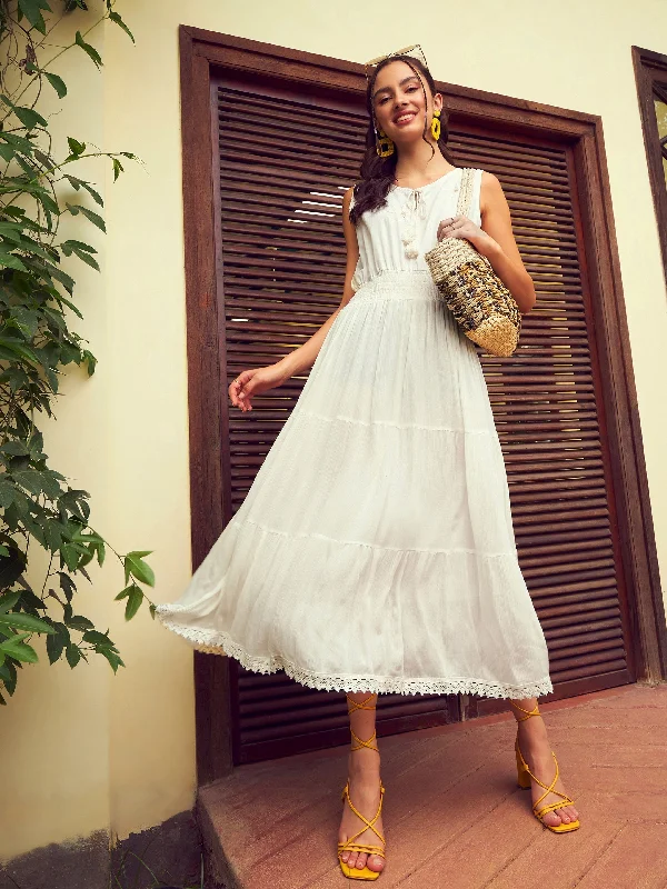 Women's White Front Embroidered Tiered Midi Dress - SASSAFRAS Stylish Animal Print Midi Dress