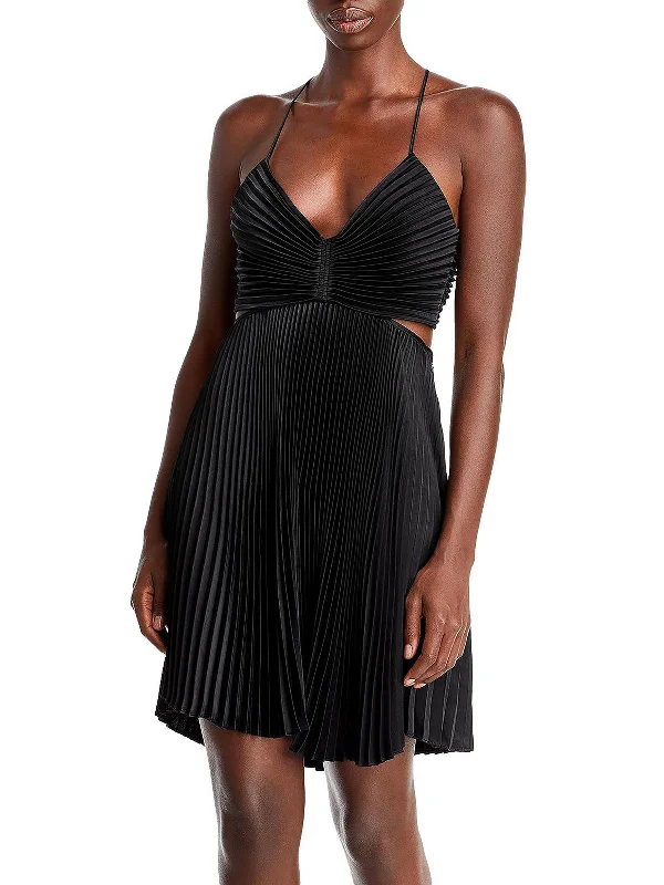 Womens Cut-out Pleated Mini Dress Fashionable Lace-Trim Mini Dress