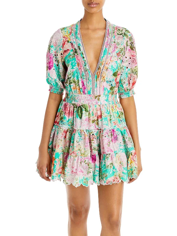 Womens Embroidered Above Knee Mini Dress Cozy Ruched Mini Dress