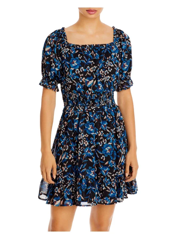 Womens Floral Smocked Mini Dress Cozy Cowl Neck Mini Dress