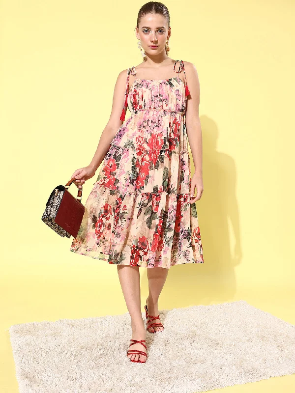 Women's Floral Tier Midi Dress with String Tie Ups- Multi - StyleStone Cozy Midi Dress with Pockets
