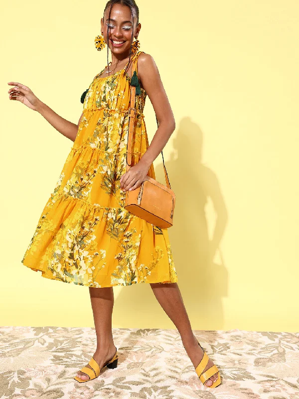 Women's Floral Tier Midi Dress with String Tie Ups- Yellow - StyleStone Fashionable Floral Embroidery Midi Dress