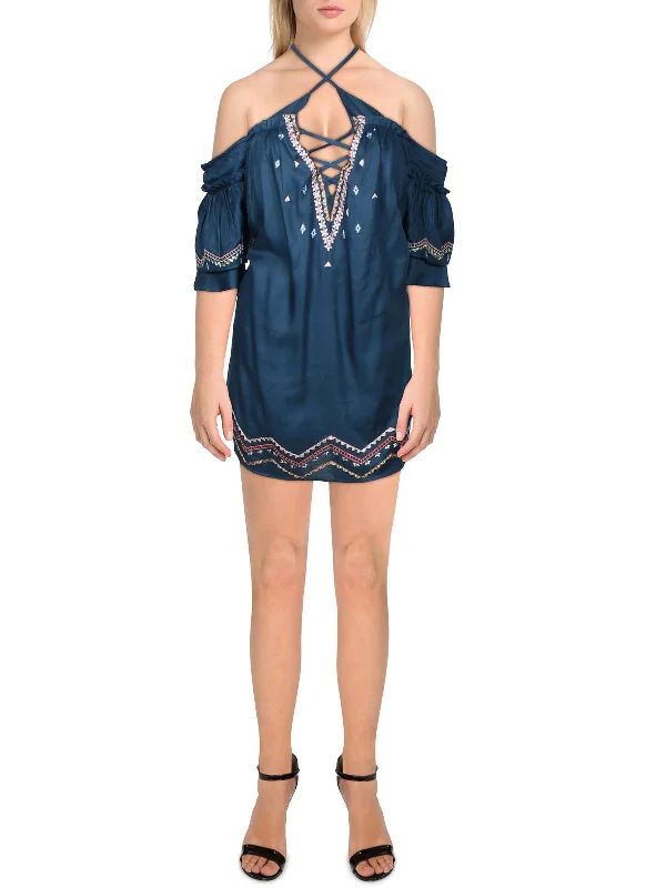 Womens Off-The-Shoulder Short Mini Dress Trendy Denim Mini Dress