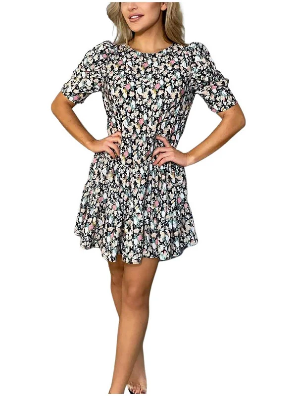 Womens Ruffled Puff Sleeve Mini Dress