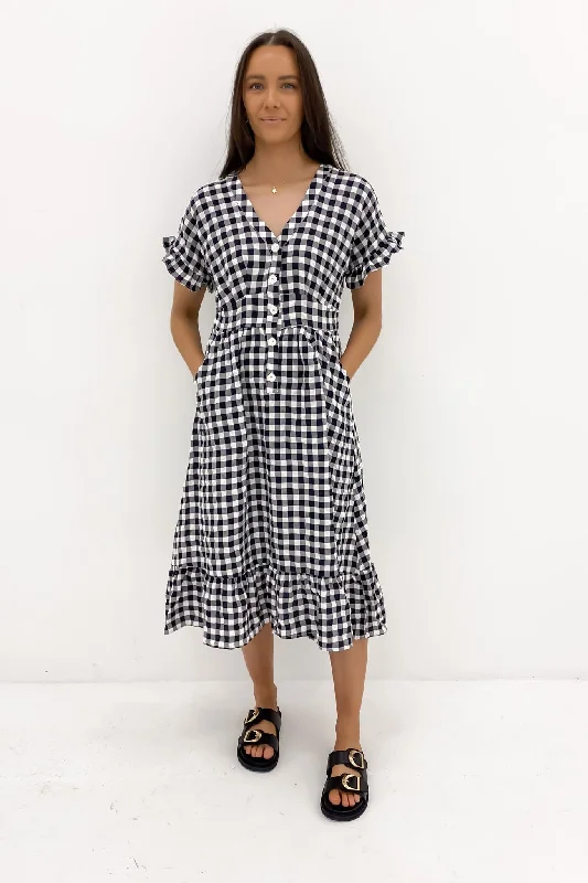 Wren Midi Dress Black Gingham Elegant Pleated Sleeve Midi Dress