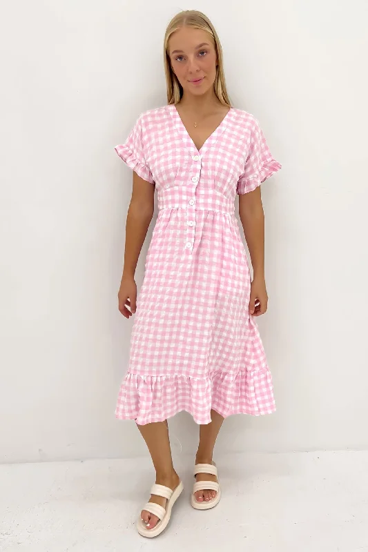 Wren Midi Dress Pink Gingham Comfortable Empire Waist Midi Dress
