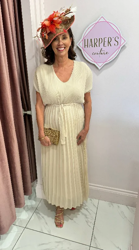 Aria Nude Pleated Maxi Dress Fashionable High-Low Maxi Dress