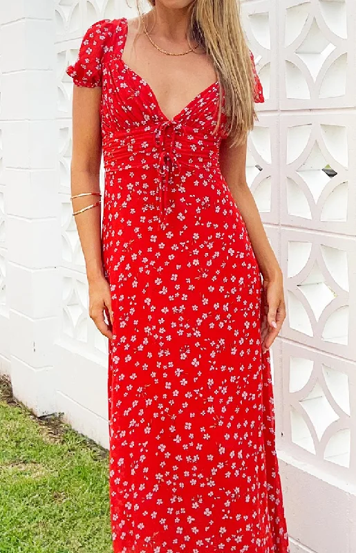 Ayla Red Floral Short Sleeve Maxi Dress Elegant Maxi Dress with Slit