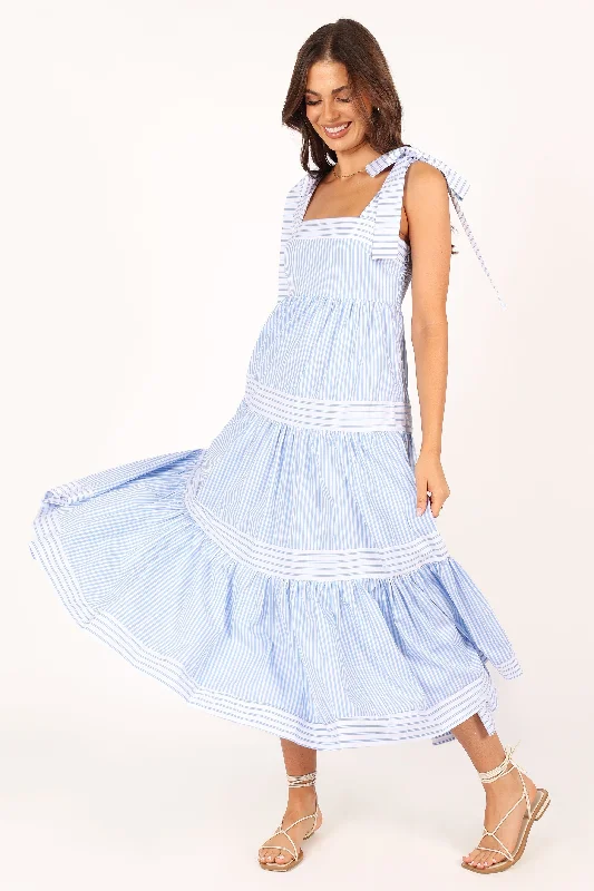 Bella Maxi Dress - Blue Stripe Trendy Satin Maxi Dress