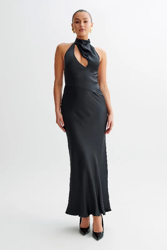 Belladonna Satin Halter Maxi Dress - Black Fashionable Off-Shoulder Maxi Dress