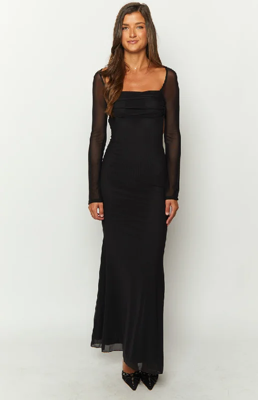 Beverley Black Mesh Long Sleeve Maxi Dress Comfortable Satin Maxi Dress