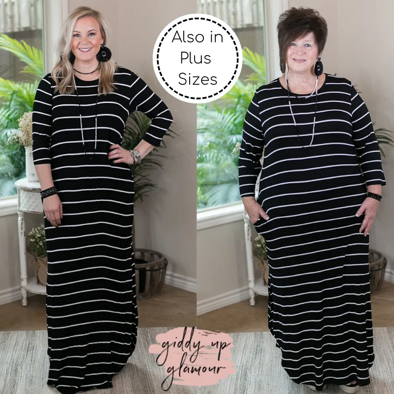 Last Chance Size Small & Medium | Set The Tone Stripe Maxi Dress with Pockets in Black Trendy Ruffled Maxi Dress