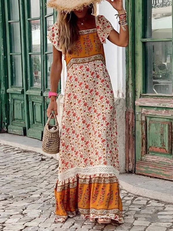 Bohemian Printed Square Ruffle Short Sleeve Panel Maxi Dresses