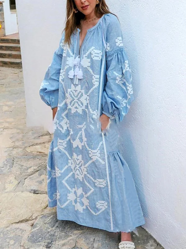 Bohemian Bishop Sleeve Printed Maxi Dress