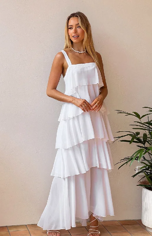 Brielle White Layered Frill Maxi Dress Cozy Knit Maxi Dress